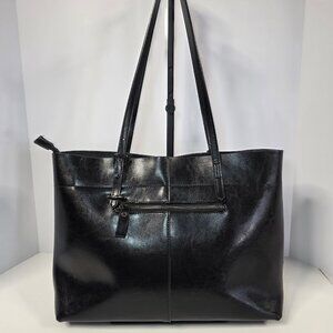 Kattee Large Black Leather Tote Shoulder Bag 2 Handles Zippered Pockets